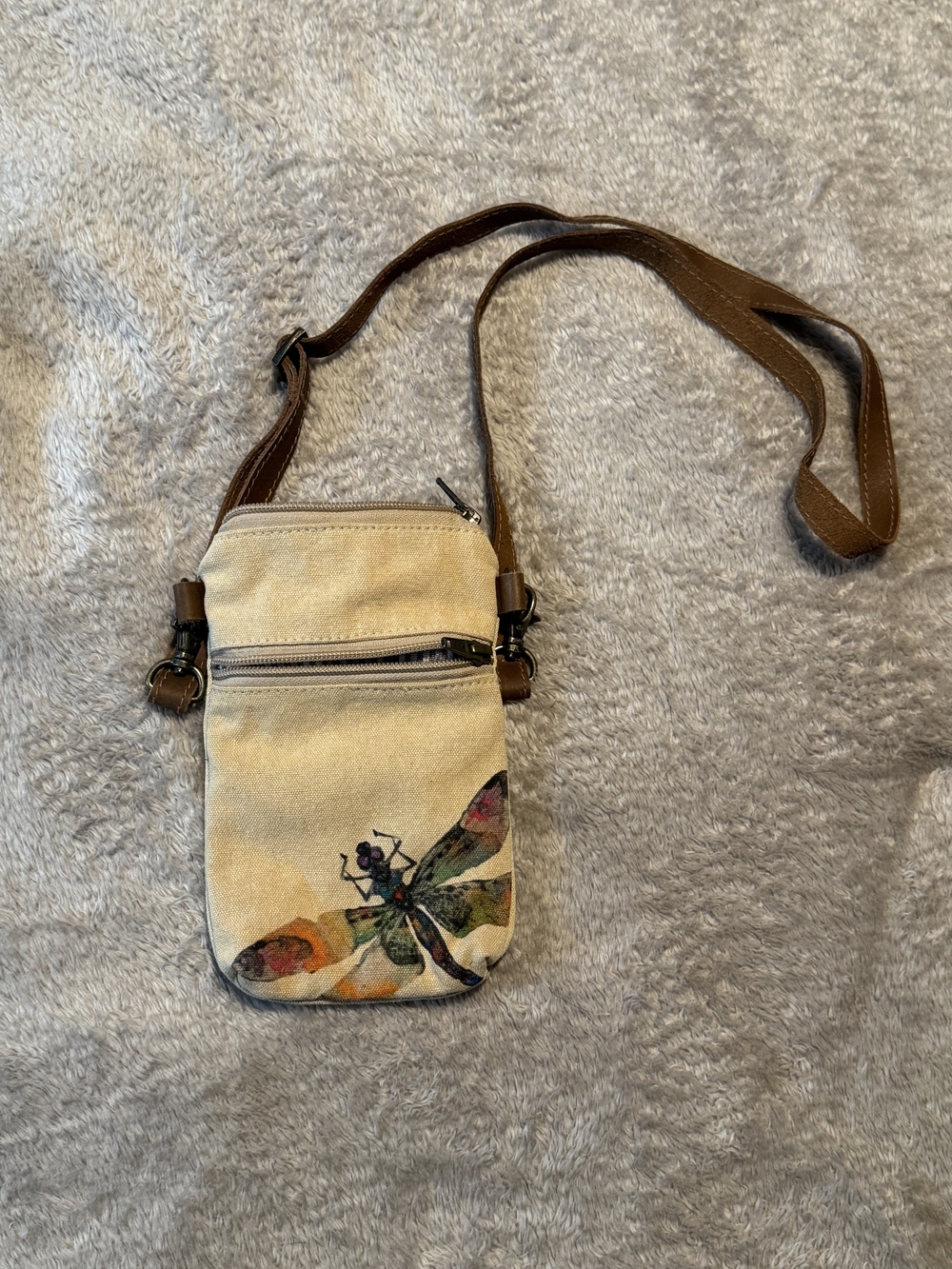Cott n Curls Canvas Dragonfly Crossbody Bag in Beige and Brown